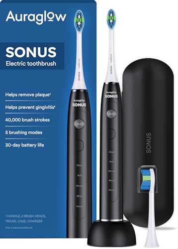 AURAGLOW Electric Sonic Toothbrush, 5 Modes, 2 Brush Heads