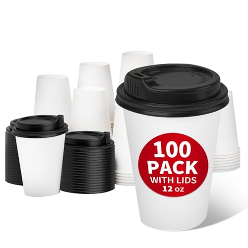 100 Pack 12 oz Disposable Coffee Cups with Lids