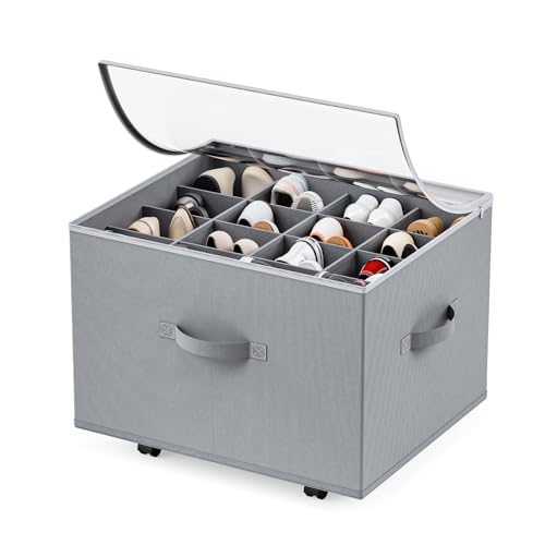 Rolling Shoe Storage Box with Dividers and Clear Lid
