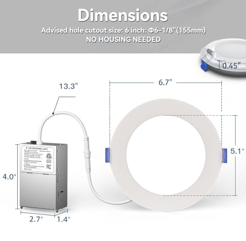 PAZZO 4 Pack 6 Inch LED Recessed Ceiling Light, 5CCT 1100LM High Brightness, Dimmable Canless Wafer Downlight, ETL and Energy Star Certified, 12W, Junction Box Included