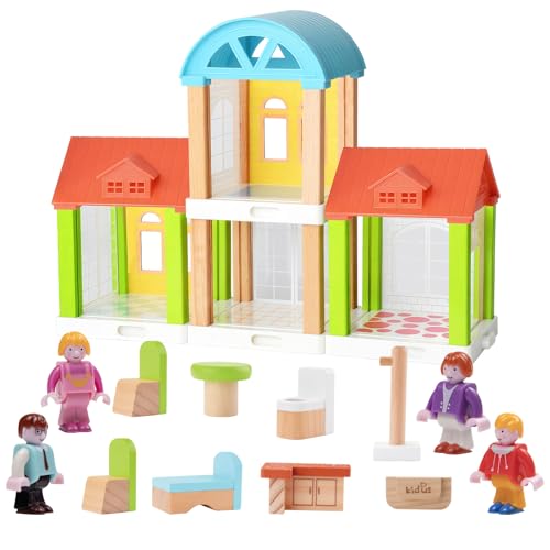 42 Piece Wooden Dollhouse Set with Furniture, Dolls