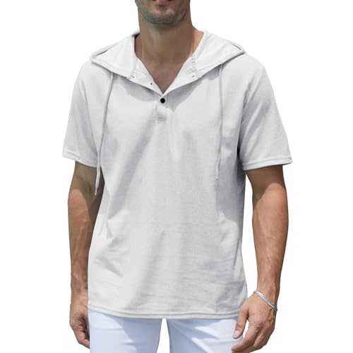 Muscle Killer Men's Henley Short Sleeve Casual Basic Hooded Tee Summer Button Henley Waffle T Shirt Hoodie White