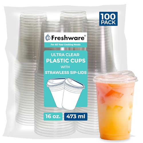 100 Count Freshware 16 oz Plastic Cups with Lids