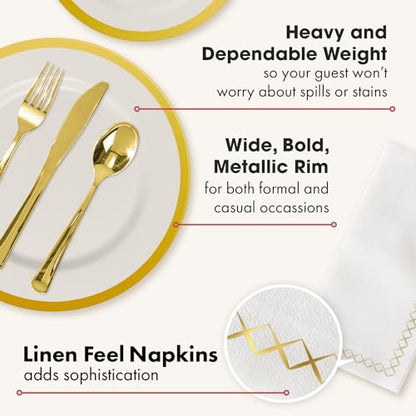 By Madee HEAVYWEIGHT Elegant Disposable Dinnerware Set | Gold Fancy Plastic Dinnerware Sets | Plates Cutlery Napkins Cups | Gold Party Plates | White and Gold Plastic Plates | 400 Pcs (50 Guests)