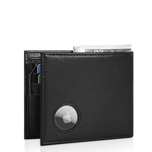 LAKIPETN AirTag Wallet - Bifold Genuine Leather RFID Blocking Men's Wallets With Air Tag Holder Compatible with Apple Air Tag,ID Windows,2 Bill Divider,11 Cards Holders, with Gift Box (Classic Black)