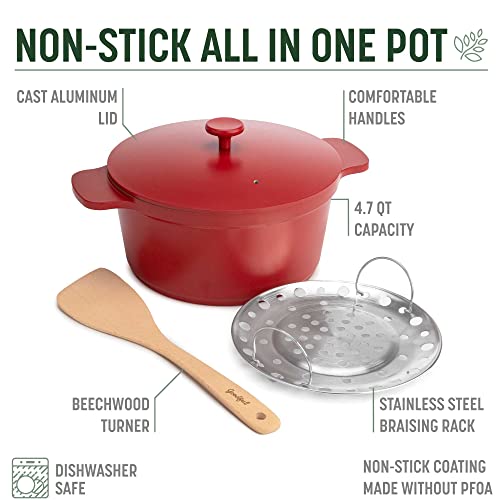 Goodful All-In-One Pot, Multilayer Nonstick, High Performance Cast Dutch Oven With Matching Lid, Roasting Rack And Turner, Made Without PFOA, Dishwasher Safe Cookware, 4.7-Quart, Crimson Red