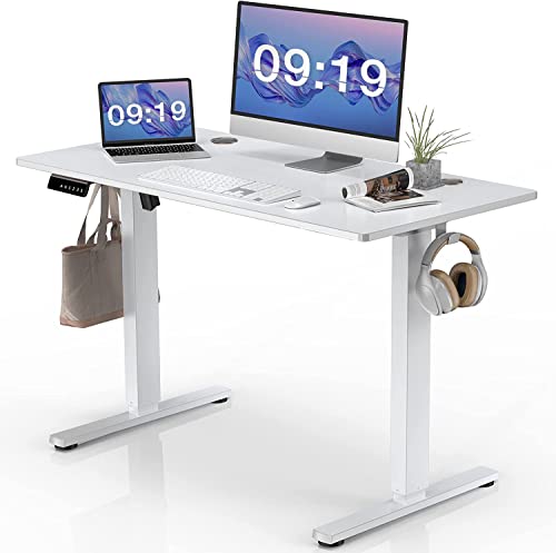 SMUG Standing Desk, 48 x 24 in Electric Height Adjustable Computer Desk Home Office Desks Sit Stand up Desk Computer Table with Memory Controller/Headphone Hook, White