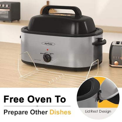 Sunvivi 30lb 26-Quart Roaster Oven, Electric Roaster Oven with Viewing Lid, Turkey Roaster with Unique Defrost/Warm Function, Large Roaster with Removable Pan & Rack, Stainless Steel, Silver