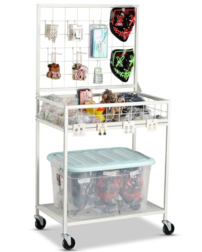 Grid Wall Display Cart with 20 Hooks, Rolling Stand