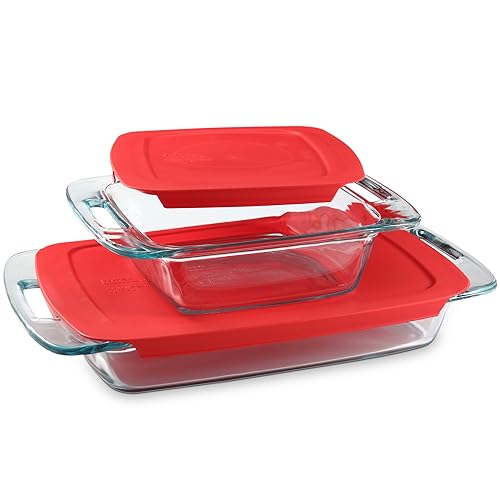 Pyrex Easy Grab 2-Pack Glass Baking Dish Set (2QT, 3QT) with Snug Fit Locking BPA-Free Lids, Rectangular Bakeware Set, Dishwasher, Microwave, Freezer & Pre-Heated Oven Safe