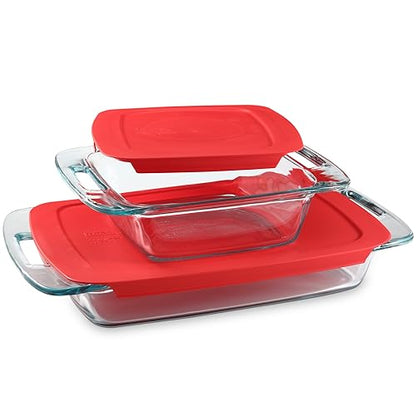 Pyrex Easy Grab 2-Pack Glass Baking Dish Set (2QT, 3QT) with Snug Fit Locking BPA-Free Lids, Rectangular Bakeware Set, Dishwasher, Microwave, Freezer & Pre-Heated Oven Safe
