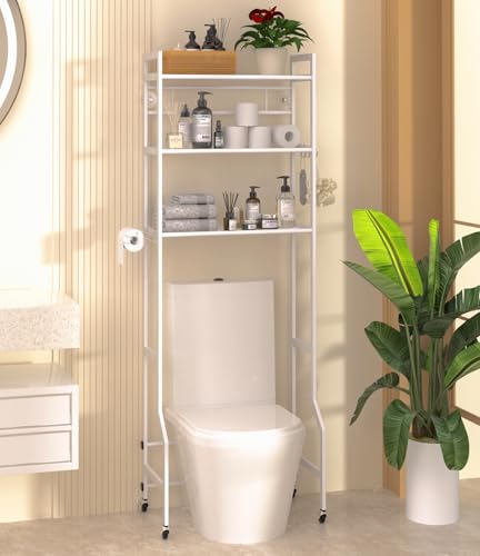3-Tier Over Toilet Storage Rack with Hooks & Wheels