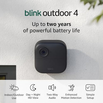 Blink Outdoor 4 (newest model), Wire-free smart security camera, two-year battery life, two-way audio, HD live view, enhanced motion detection, Works with Alexa – 5 camera system