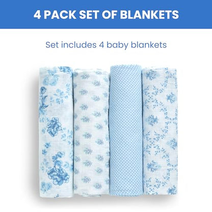Delta Children 100% Cotton Muslin Baby Receiving Blankets for Girls and Boys – 47x47 Inches (Pack of 4), Blue Botanicals