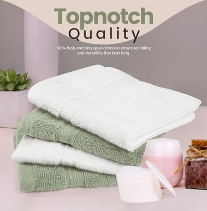 Towel and Linen Mart 100% Cotton - Wash Cloth Set - Pack of 4,Luxurious, Absorbent,Soft Feel Perfect for Daily Use (12 x 12 White & Sage Green)