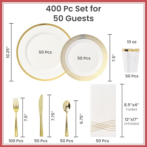 By Madee HEAVYWEIGHT Elegant Disposable Dinnerware Set | Gold Fancy Plastic Dinnerware Sets | Plates Cutlery Napkins Cups | Gold Party Plates | White and Gold Plastic Plates | 400 Pcs (50 Guests)