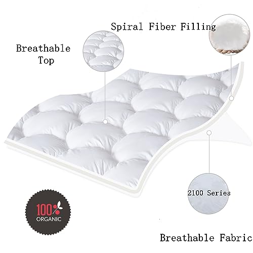 JURLYNE Mattress Pad Twin Size, Quilted Fitted Mattress Cover, Pillow Top with Fluffy Breathable 5D & 7D Spiral Fiber Filling, Cooling Mattress Topper Cover, Protector, White