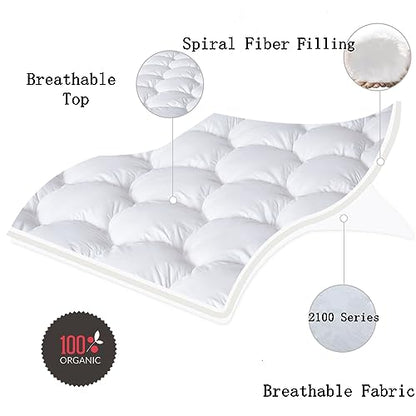 JURLYNE Mattress Pad Twin Size, Quilted Fitted Mattress Cover, Pillow Top with Fluffy Breathable 5D & 7D Spiral Fiber Filling, Cooling Mattress Topper Cover, Protector, White