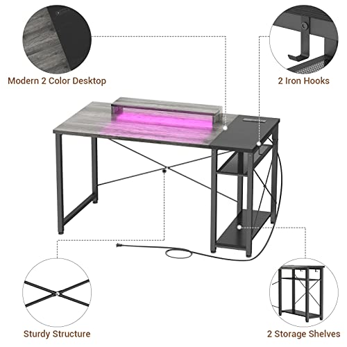 armocity Computer Desk with LED, Gaming Desk with Outlets, 40 Reversible Laptop Table with Monitor Stand, Small Desk for Small Spaces, Grey/Black