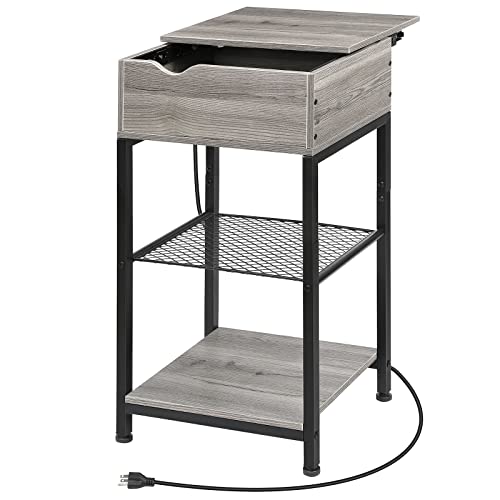 Narrow End Table with Charging Station and Storage Shelf