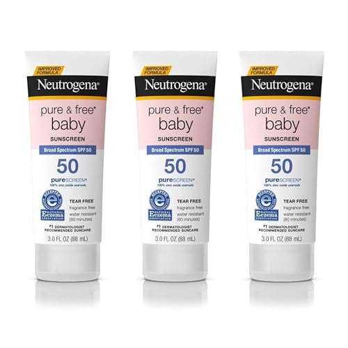 Neutrogena Pure & Free Baby Mineral Sunscreen Lotion with Broad Spectrum SPF 50 & Zinc Oxide, Water-Resistant, Hypoallergenic & Tear-Free Baby Sunscreen, 3 fl. oz, 3 pk