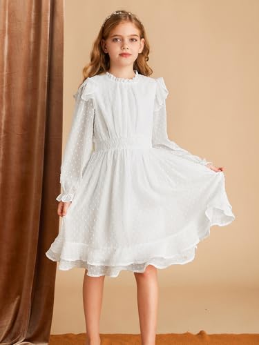 GRACE KARIN Girls Casual Long Sleeve Dress Round Neck Ruffles Double Layer Hem Swiss Dot Girls Dress with Elastic Waist Beige 8Y