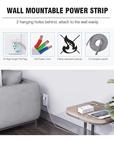 Power Strip Surge Protector - 6 Widely Outlets with 3 USB Ports (1 USB C), 3-Side Outlet Extender Strip, 5 Ft Extension Cord Flat Plug, Wall Mount Small Power Strip for Travel Home Office College Dorm