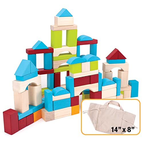 Imagination Generation 100 Piece Natural Wooden Building Block Set with Carrying Bag – Children's Deluxe Stacking Toy Set