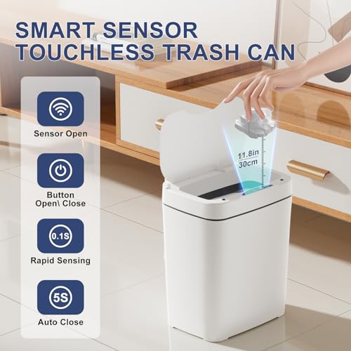 Vanpopubs 2 Pack 3.6 Gal Bathroom Trash Can with Lid, Small Smart Automatic Touchless Garbage Can, Slim Motion Sensor Waterproof Plastic Trash Bin for Bedroom Office Kitchen Dorm Toilet