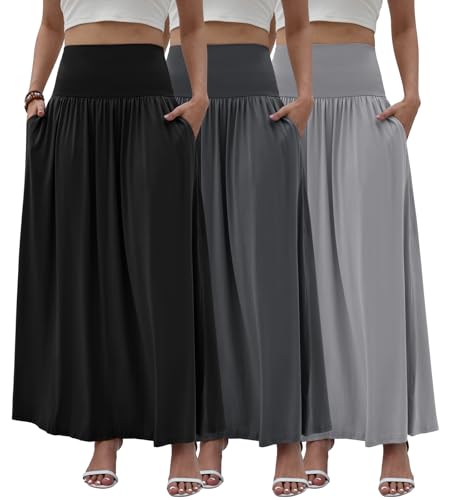3 Pack Boho Flowy Elastic Waist Maxi Skirts