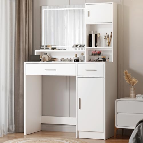 Vanity Desk with Mirror, LED Lights, Large Drawer