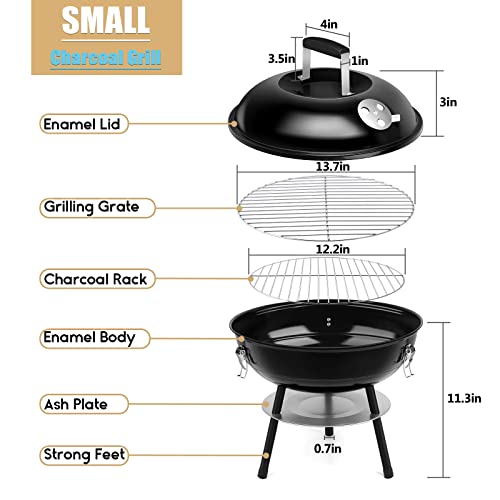 14 Inch Charcoal Grill, HaSteeL Mini Enamel BBQ Grill Set of 9, Portable for Outdoor Cooking Backyard Garden Camping Picnic Barbecue, Include Fork, Brush, Bottle, Salt Shakers, Hooks, Screwdriver