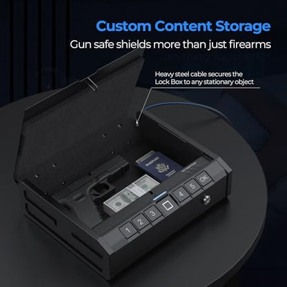 ONNAIS IRON SE Biometric Gun Safe for Pistols,Handgun, Quick-Access Firearm Safety Device with Fingerprint Lock or Key Pad, Gun Lock Box for Home Bedside Nightstand Car