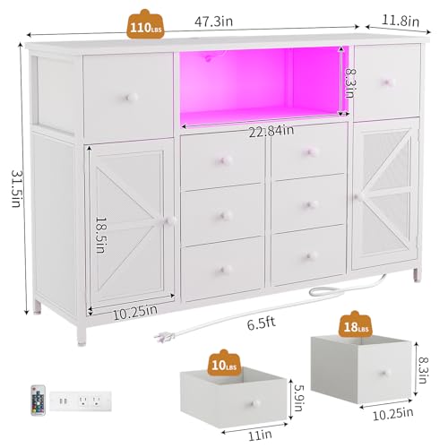 HDDDZSW White Dresser for Bedroom with Charging Station and LED Lights, Chest of Drawers for Bedroom with 8 Fabric Drawers and 2 Doors, Dressers Storage TV Stand for Bedroom, Living Room