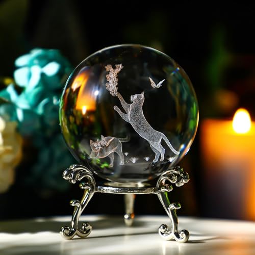 60mm Cat Crystal Ball 3D Engraved Glass Paperweight