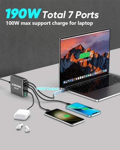 190W USB C Charging Station 7 Port PD 3.0 USB C Charger Block 100W Max Single Port Fast Charger Aluminum Alloy GaN Charger Power Adapter for MacBook Pro/Air iPhone iPad, Samsung Galaxy (L-Grey)