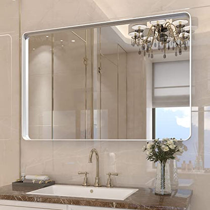 ODDSAN 48x 30 Brushed Nickel Frame Bathroom Mirror for Wall, Modern Brushed Metal Rectangle Vanity Mirror, Rounded Corner, Shatterproof, Anti-Oxidation (Horizontal/Vertical)
