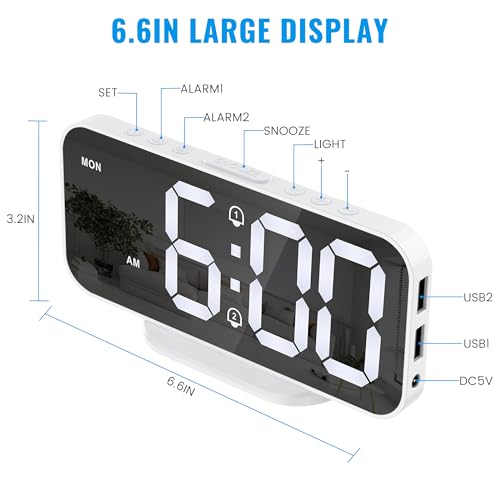 Alarm Clocks for Bedrooms, Slim LED Mirror Digital Alarm Clock, Large Display with Diming Mode, Dual Alarms & USB Ports, 4 Levels Brightness, Modern Decoration for Home Living Room Decor, White