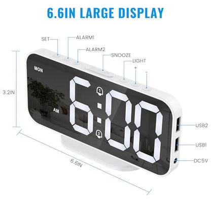 Alarm Clocks for Bedrooms, Slim LED Mirror Digital Alarm Clock, Large Display with Diming Mode, Dual Alarms & USB Ports, 4 Levels Brightness, Modern Decoration for Home Living Room Decor, White