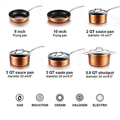 COOKSMARK 10 Piece Hammered Copper Cookware Set with Nonstick Coating, Induction Pots and Pans Set Dishwasher Safe