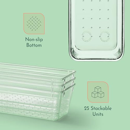 25 PCS Clear Plastic Drawer Organizers Set, 4 Sizes Clear Drawer Organizers & storage Bins for Makeup/Jewelry Vanity, Kitchen Gadgets Or Office Desk. Bathroom Drawer Organizer Trays With Non-Slip Pads