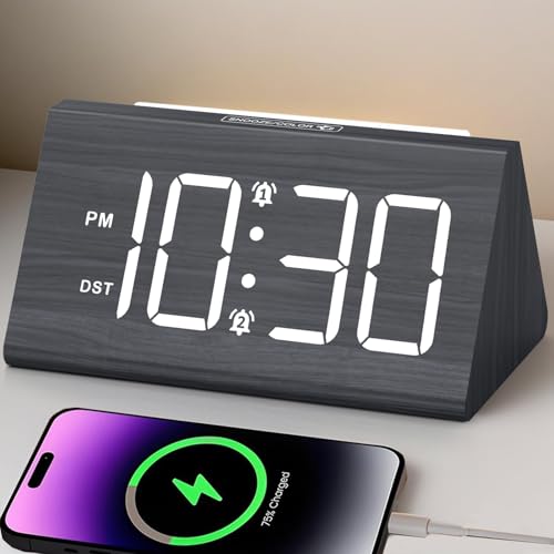 Wooden Digital Alarm Clock, Large Display, Ambient Light