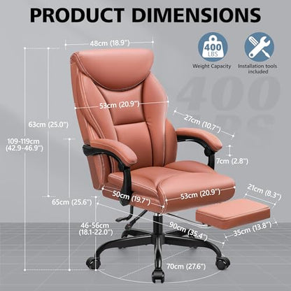 HeroSet Office Chair Executive, Big and Tall Ergonomic Office Desk Chair Comfy, PU Leather Home Office Chairs, HighBack Reclining Computer Desk Chair with Footrest for Home Office Gaming (Matte Brown)