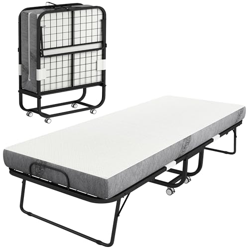 Folding Rollaway Bed with Memory Foam Mattress, Single