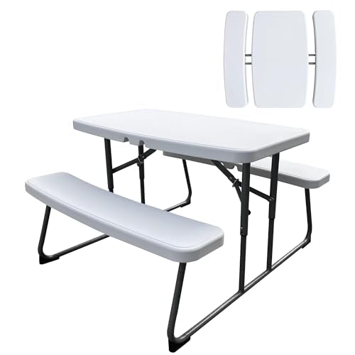 Folding Picnic Table with Benches, Outdoor Steel Frame