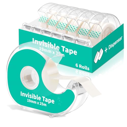 6 Pack Invisible Tape with Dispenser, Writable Rolls