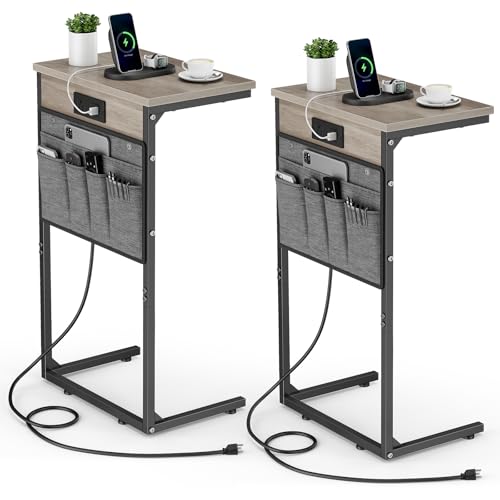 2 Pack C Shaped End Table with Charging Station