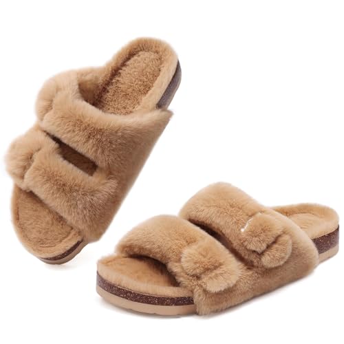 Fuzzy Slippers Women Cork Footbed Fluffy House Slides