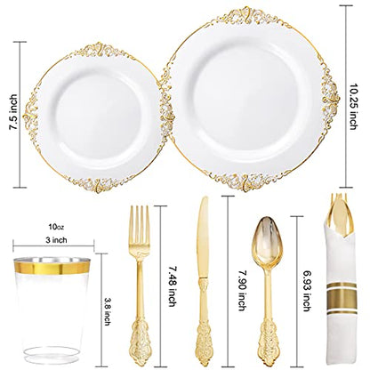 Nervure 350PCS Gold Plastic Plates - Gold Plastic Dinnerware Sets for 50 Guests - 100 Gold Disposable Plates, 150 Gold Plastic Silverware, 50 Cups, 50 Napkins for Wedding & Party