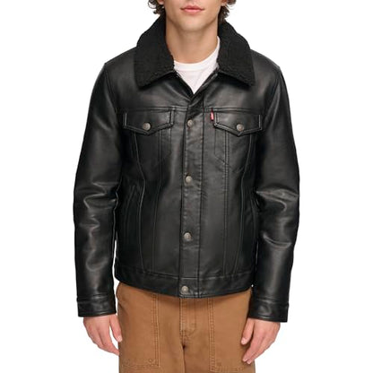 Levi's Men's Faux Leather Classic Trucker Jacket, Black W/Sherpa Collar, M